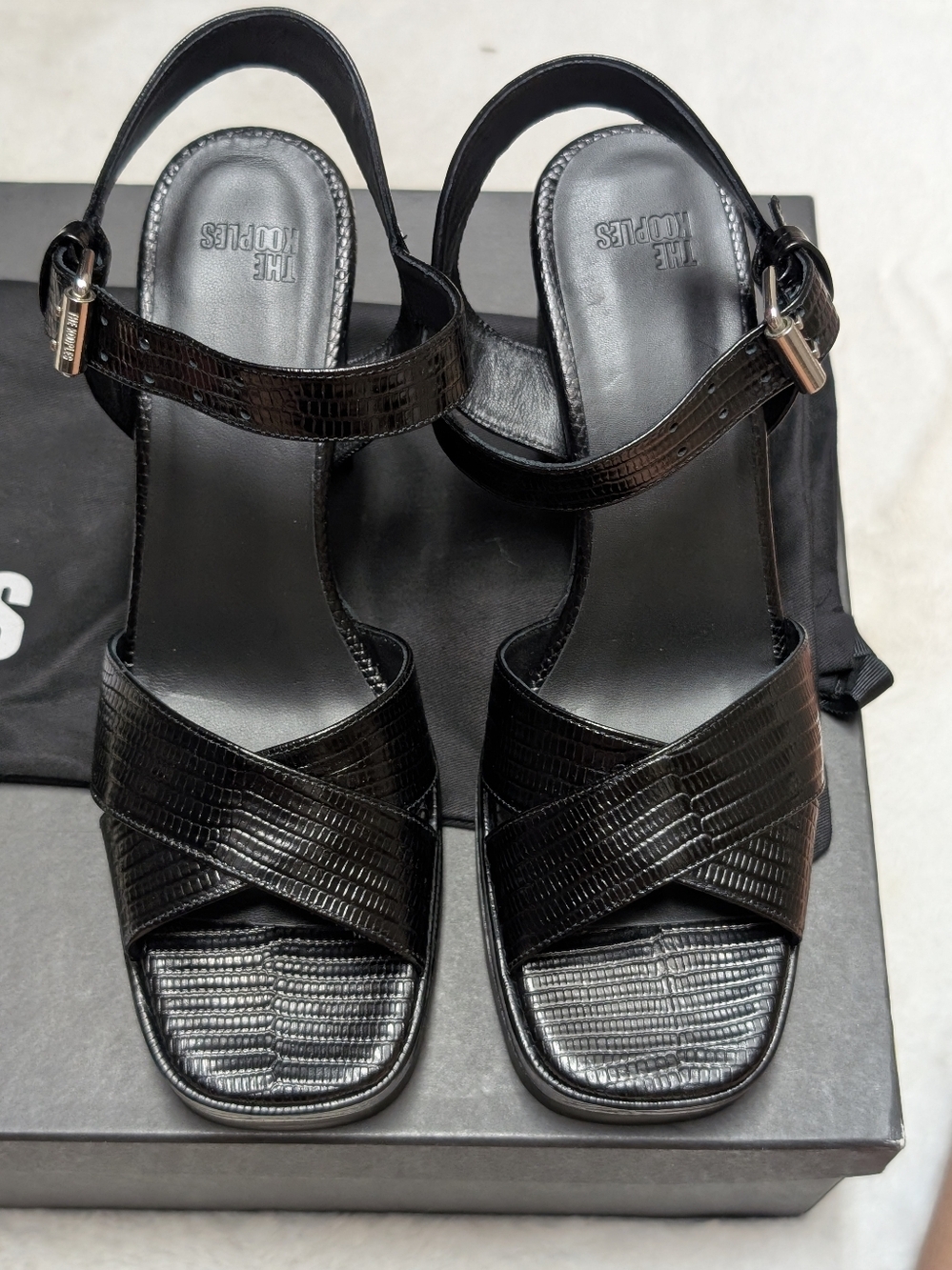 The Kooples Black Croc-Embossed Leather Ankle Strap Heels